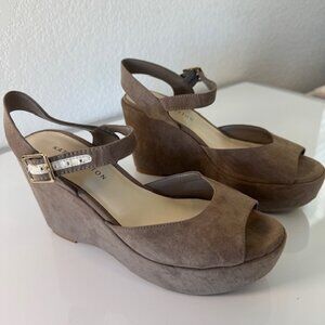 Kate Preston Wedge Sandals Women Taupe Faux Suede Peep Toe Platform Ankle Strap